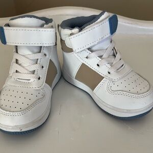 Kids White and Tan High-Top Sneakers with Blue Accents First Steps